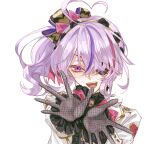  1girl :d ahoge asymmetrical_hair bangs black_gloves black_shirt blush bow bowtie buttons chuunibyou dream16262736 eyelashes eyepatch fishnet_gloves fishnets frills gloves gold_hairband gold_trim hair_bow hair_ornament hair_over_one_eye hair_ribbon hairband heart heart_ahoge highres jacket lace_trim lapels long_hair long_sleeves looking_at_viewer maria_marionette multicolored_hair nijisanji nijisanji_en one_eye_covered open_mouth outstretched_arms parted_bangs pink_bow pink_bowtie pink_hair pink_ribbon ponytail purple_eyes purple_hair ribbon shirt side_ponytail sidelocks smile solo streaked_hair teeth upper_body upper_teeth virtual_youtuber white_background white_jacket 