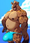  2020 5_fingers anthro big_bulge big_muscles black_claws black_nipples black_nose blue_eyes brown_body brown_fur brown_hair bulge claws clothed clothing ear_piercing fingers fur gloves_(marking) grin hair hi_res huge_bulge humanoid_hands hyaenid hyper hyper_bulge looking_at_viewer male mammal markings musclegut muscular muscular_anthro muscular_male nipples piercing remidragon smile solo speedo spots spotted_body spotted_fur spotted_hyena standing swimwear taoren topless undressing 