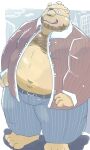  2022 3:5 anthro belly big_belly bottomwear bulge clothing dain_4201 eye_patch eyes_closed eyewear hi_res kemono male mammal mature_male navel outside overweight overweight_male pants solo ursid 