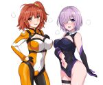  2girls ahoge bangs bare_shoulders black_gloves black_leotard blush bodysuit breasts cleavage cleavage_cutout clothing_cutout covered_navel elbow_gloves fate/grand_order fate_(series) fujimaru_ritsuka_(female) fujimaru_ritsuka_(female)_(chaldea_combat_uniform) gloves hair_ornament hair_over_one_eye hair_scrunchie haruhisky highleg highleg_leotard highres large_breasts leotard light_purple_hair looking_at_viewer mash_kyrielight multiple_girls navel navel_cutout one_side_up open_mouth orange_bodysuit orange_eyes orange_hair orange_scrunchie purple_eyes purple_gloves scrunchie short_hair smile thigh_strap thighs 