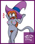  abby anthro biped border breasts clothing digital_media_(artwork) fangs felid female genitals green_eyes hair hat headgear headwear jewelry magic_user mammal necklace orange_hair pubes purple_border pussy reddragonkan solo striped_body stripes teenager witch witch_hat young 