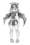 1girl artist_name clenched_hands dress full_body greyscale hat highres jewelry kyouyama_anna medium_hair monochrome necklace sandals shaman_king short_dress solo the_golden_smurf 