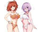  2girls ahoge bangs bare_shoulders bikini blush breasts cleavage collarbone command_spell covered_nipples fate/grand_order fate_(series) fujimaru_ritsuka_(female) fujimaru_ritsuka_(female)_(brilliant_summer) glasses hair_over_one_eye haruhisky highres large_breasts light_purple_hair looking_at_viewer mash_kyrielight mash_kyrielight_(swimsuit_of_perpetual_summer_ver.02) multicolored_bikini multicolored_clothes multiple_girls navel one_side_up open_mouth orange_bikini orange_eyes orange_hair purple_eyes rainbow_bikini see-through short_hair smile striped striped_bikini swimsuit thighs 
