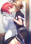  2girls against_wall bangs black_ribbon black_skirt blush braid braided_bun breast_press breasts brown_hair buttons closed_eyes commentary_request commission female_admiral_(kancolle) gloves hair_between_eyes hair_bun hair_ribbon headgear highres kantai_collection kiss large_breasts leg_between_thighs long_sleeves medium_breasts military military_uniform multiple_girls mutsu_(kancolle) mutsu_kai_ni_(kancolle) pleated_skirt red_hair ribbon ryu-akt skeb_commission skirt symmetrical_docking uniform white_gloves yuri 