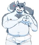  2022 anthro blush bodily_fluids bulge canid canine clothed clothing erection erection_under_clothing genital_fluids genital_outline hagom hi_res humanoid_hands kemono male mammal moobs nipples one_eye_closed overweight overweight_male penis_outline precum scar solo wink 