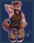  2022 absurd_res anthro bottomwear bulge clothing facial_piercing hi_res hyaenid lon_(leanmeanyeen) male mammal muscular muscular_anthro muscular_male nose_piercing piercing reydam shorts sleeveless_hoodie solo spotted_hyena 