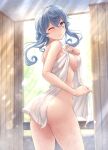  1girl absurdres ass bangs blue_eyes blue_hair blush breasts commentary_request covered_nipples cowboy_shot curled_fingers from_behind gotland_(kancolle) hair_bun highres kantai_collection large_breasts long_hair looking_at_viewer mole mole_under_eye naked_towel one_eye_closed ryu-akt see-through sideboob single_hair_bun solo towel wet wet_towel 