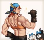  1girl back bandana braid felyne gloves green_eyes looking_to_the_side minayle_(monster_hunter) monster_hunter_(series) mootium muscular muscular_female pointing pointing_at_self red_hair smile sparkle tank_top veins veiny_arms white_background 