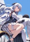  1boy 1girl absurdres back bangs bicycle black_gloves black_hair blue_sky breasts bronya_zaychik bronya_zaychik_(silverwing:_n-ex) captain_(honkai_impact) cleavage closed_mouth cloud cloudy_sky daidailong dress earrings gloves grey_eyes grey_hair ground_vehicle hair_ornament highres honkai_(series) honkai_impact_3rd jacket jewelry long_hair looking_at_viewer outdoors riding riding_bicycle short_hair single_glove single_thighhigh sky sleeves_rolled_up thighhighs white_dress white_jacket white_thighhighs 