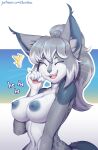  2022 absurd_res anthro areola blue_areola blue_nipples blue_spots breasts digital_media_(artwork) domestic_cat ear_tuft eyes_closed felid feline felis female fur grey_body grey_fur grey_hair hair hi_res inner_ear_fluff kelly_(ruribec) laugh mammal nipples pawpads pink_pawpads ruribec solo somali_cat spots spotted_body spotted_fur text tuft url whiskers white_body white_fur white_hair 