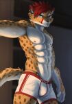  2021 absurd_res anthro artist_name blue_eyes bulge cheetah cheetahpaws_(character) clothed clothing felid feline fur hi_res looking_at_viewer male mammal multicolored_body multicolored_fur muscular muscular_anthro muscular_male rofu_kagazaki smile solo spots spotted_body spotted_fur topless topless_anthro topless_male underwear white_clothing white_underwear 