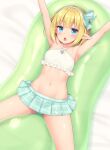  1girl armpits arms_up bangs bikini_skirt blonde_hair blue_eyes breasts cowboy_shot elf-chan_(sasaame) hairband halterneck highres looking_at_viewer lying medium_hair microskirt midriff navel on_back open_mouth original pointy_ears sasaame skirt small_breasts solo 