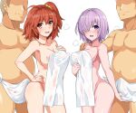  2boys 2girls ahoge areola_slip bangs blush breasts bulge collarbone command_spell covered_nipples erection erection_under_clothes fate/grand_order fate_(series) fujimaru_ritsuka_(female) hair_over_one_eye haruhisky highres large_breasts light_purple_hair looking_at_viewer mash_kyrielight multiple_boys multiple_girls naked_towel one_side_up open_mouth orange_eyes orange_hair purple_eyes short_hair smile thighs towel 