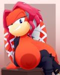  4:5 absurd_res anthro archie_comics areola big_breasts breasts clothed clothing echidna female hi_res huge_breasts hyper hyper_breasts lien-da looking_at_viewer mammal monotreme nipples open_clothing open_topwear sega sitting slickehedge solo sonic_the_hedgehog_(archie) sonic_the_hedgehog_(comics) sonic_the_hedgehog_(series) topwear 