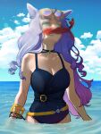  1girl alternate_eye_color animal_ears bangs bare_arms bare_shoulders black_choker black_swimsuit blue_sky blunt_bangs blurry breasts choker cleavage cloud commentary_request day eyewear_on_head fish gold_ship_(umamusume) green_eyes highres horse_ears long_hair medium_breasts mouth_hold one-piece_swimsuit purple_hair sky solo standing sunglasses swimsuit umamusume very_long_hair wading water yamashita_momiyo 