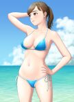  1girl arm_behind_head bikini blue_bikini blue_sky breasts cloud collarbone day hand_on_hip highres looking_to_the_side medium_breasts navel ocean original outdoors ponytail side-tie_bikini sky standing swimsuit water yurashima 