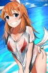  1girl absurdres animal_ears artist_name bikini blue_eyes blush breasts charlotte_e._yeager cleavage collarbone grin highres hiroshi_(hunter-of-kct) long_hair looking_at_viewer ocean orange_hair outdoors rabbit_ears rabbit_tail red_bikini see-through shiny shiny_hair shiny_skin shirt side-tie_bikini sky smile solo strike_witches swimsuit tail wet wet_clothes wet_shirt white_shirt world_witches_series 
