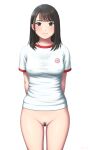  1girl arms_behind_back blush bottomless covered_nipples female_pubic_hair gym_uniform highres long_hair looking_at_viewer original pubic_hair shirt short_sleeves simple_background smile solo standing white_background white_shirt yurashima 