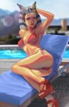  ahsoka_tano alien alien_humanoid bikini blue_eyes breasts butt chair clothing feet female footwear furniture glistening glistening_body hand_behind_head hardmoden high_heels humanoid lekku_(anatomy) looking_at_viewer lounge_chair not_furry orange_body orange_skin poolside pose red_bikini side-tie_bikini solo star_wars swimming_pool swimwear togruta 