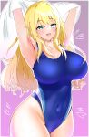  absurdres atago_(kancolle) blonde_hair blue_swimsuit breasts cleavage competition_swimsuit covered_navel cowboy_shot gradient gradient_background green_eyes hair_between_eyes heart highres huge_breasts impossible_clothes impossible_swimsuit kantai_collection karin1537 large_breasts long_hair looking_at_viewer one-piece_swimsuit open_mouth pink_background smile swimsuit undressing 