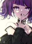  1girl absurdres bangs black_choker black_nails black_shirt blunt_bangs choker collarbone finger_to_mouth grin highres idolmaster idolmaster_shiny_colors index_finger_raised kakuzatou_(cubesugar03196) long_hair long_sleeves looking_at_viewer nail_polish purple_eyes purple_hair purple_lips shirt shushing simple_background sleeveless sleeveless_shirt sleeves_past_wrists smile solo strap_slip tanaka_mamimi twintails upper_body white_background 