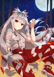  &gt;:( 1girl ambasa bamboo bangs bare_arms bow breasts closed_mouth collared_shirt fire footwear_bow fujiwara_no_mokou grey_hair grey_shirt hair_bow hand_in_pocket hand_up highres long_hair looking_at_viewer low-tied_long_hair moon night night_sky no_bra ofuda ofuda_on_clothes outdoors panties pants pocket red_eyes red_footwear red_pants shiny shiny_hair shirt shoe_soles shoes short_sleeves sky small_breasts solo star_(sky) starry_sky suspenders torn_clothes torn_panties torn_shirt torn_sleeves touhou underwear v-shaped_eyebrows very_long_hair wing_collar 