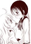  2girls ahoge artist_name blush chito_(shoujo_shuumatsu_ryokou) contemporary eye_contact greyscale long_hair looking_at_another low_twintails mitou_kana monochrome mouth_hold multiple_girls profile ribbon ribbon_in_mouth school_uniform serafuku shoujo_shuumatsu_ryokou smile twintails upper_body yuri yuuri_(shoujo_shuumatsu_ryokou) 