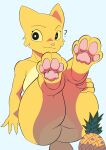  absurd_res anthro bethesda_softworks domestic_cat feet felid feline felis female food foot_focus fruit fur hi_res hindpaw katia_managan khajiit mammal pawpads paws pineapple plant prequel_adventure solo tagme the_elder_scrolls toonarscontent video_games webcomic yellow_body yellow_eyes yellow_fur 