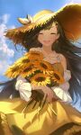  1girl :d absurdres bangs blue_sky bouquet bow brown_hair cloud day detached_sleeves dress earrings facing_viewer floating_hair flower hair_flower hair_ornament hat hat_bow highres holding holding_bouquet jewelry long_hair long_sleeves nannaspad outdoors project_sekai shiraishi_an sky sleeveless sleeveless_dress smile solo straw_hat summer sun_hat sundress sunflower swept_bangs very_long_hair white_bow white_sleeves yellow_dress yellow_flower yellow_headwear 