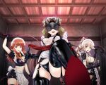  3girls :d absurdres alternate_costume apron ass ass_cutout bangs bell black_footwear black_gloves black_mask black_panties black_thighhighs blunt_bangs blush boots bow braid breasts brown_eyes brown_hair cleavage closed_eyes clothing_cutout cowboy_shot de_ruyter_(kancolle) dominatrix elbow_gloves enmaided eye_mask flogger frilled_apron frilled_sleeves frills from_below gloves green_bow hair_bow hair_intakes highleg highleg_panties highres holding holding_whip jintsuu_(kancolle) kantai_collection large_breasts latex latex_gloves light_brown_hair long_hair looking_at_viewer maid maid_apron maid_headdress multiple_girls navel open_mouth panties ponytail puffy_short_sleeves puffy_sleeves red_hair revealing_clothes short_sleeves side_braid sideboob smile sweat teeth thigh_boots thighhighs tk8d32 underwear upper_body upper_teeth very_long_hair waist_apron whip white_apron yura_(kancolle) 