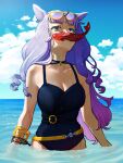 1girl animal_ears bangs bare_arms bare_shoulders black_choker black_swimsuit blue_sky blunt_bangs breasts choker cleavage cloud commentary_request day eyewear_on_head fish gold_ship_(umamusume) highres horse_ears long_hair looking_at_viewer medium_breasts mouth_hold one-piece_swimsuit pink_lips purple_eyes purple_hair sky solo standing sunglasses swimsuit umamusume very_long_hair wading water yamashita_momiyo 