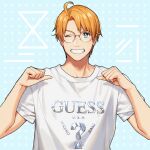  1boy ahoge america_(hetalia) axis_powers_hetalia blonde_hair blue_eyes blurry blurry_background clothes_writing dotted_background glasses grin littleb623 male_focus one_eye_closed pointing pointing_at_viewer shiny shiny_clothes shirt smile upper_body white_shirt 