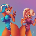  1:1 activision anthro big_breasts breasts clothing coco_bandicoot crash_bandicoot_(series) duo female female/female fur hi_res leotard originalcoco peace_symbol phone pirate_tawna thick_thighs tongue video_games 