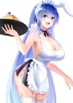  1girl absurdly_long_hair absurdres akusamu alternate_costume animal_ears apron armpits azur_lane blue_eyes blue_hair breasts cake choker cleavage cowboy_shot enmaided fake_animal_ears food frilled_choker frills garter_straps highres holding holding_tray large_breasts long_hair maid maid_headdress nail_polish new_jersey_(azur_lane) rabbit_ears sideboob standing tray very_long_hair 