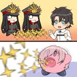  1boy 2girls bangs black_coat black_hair black_headwear blue_eyes blush character_request chibi clenched_hands coat commentary_request copy_ability cosplay fate/grand_order fate_(series) fujimaru_ritsuka_(male) hair_over_one_eye hat highres kirby kirby_(series) kitsunerider mash_kyrielight mash_kyrielight_(cosplay) multiple_girls open_mouth peaked_cap pink_hair purple_eyes short_hair smile star_(symbol) upper_body 