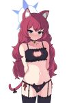  1girl absurdres animal_ear_fluff animal_ears bell black_bra blue_archive bra cat_cutout cat_ear_panties cat_ears cat_girl cat_lingerie cat_tail choker cleavage_cutout clothing_cutout collarbone frilled_bra frills grey_eyes highres hrna iroha_(blue_archive) lingerie long_hair meme_attire neck_bell panties paw_print red_hair solo tail thighhighs underwear wavy_hair 