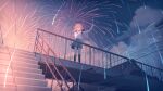  1girl bangs bridge brown_hair fireworks green_eyes gumi hair_between_eyes highres outdoors overhead_line pleated_skirt sakakidani school_uniform serafuku short_hair_with_long_locks skirt solo standing sunset vocaloid 