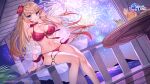  1girl absurdres aqua_eyes arm_support armlet azur_lane bangs bikini blonde_hair blush bracelet breasts character_request choker cleavage collarbone commentary_request copyright_name cup drinking_straw fireworks flower hair_flower hair_ornament hand_up hibiscus highres jewelry large_breasts logo long_hair looking_at_viewer makeup navel night night_sky o-ring o-ring_bikini ocean official_art outdoors see-through shiny shiny_hair simple_background sitting sky smile star_(sky) starry_sky stomach swimsuit table thigh_strap thighs tropical_drink tsunakawa water 