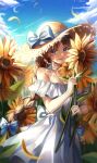  1girl bare_shoulders blue_eyes blue_sky blush braid braided_ponytail breasts brown_hair cleavage cloud collarbone dress field flower hands_up haru_08 hat highres holding holding_flower long_hair looking_at_viewer lower_teeth off-shoulder_dress off_shoulder open_mouth original outdoors plant sky small_breasts smile solo standing sun_hat sunflower teeth twintails white_dress yellow_flower 