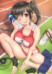  1girl barefoot bottle breasts brown_hair cleavage hair_ornament hairpin heart heart_hair_ornament kawosu_shikou large_breasts long_hair looking_at_viewer moe2017 navel one_eye_closed original red_eyes smile soles solo sports_bikini sports_bra sweat tan timer track_suit twintails water_bottle 