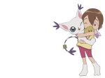  1girl bangs blue_eyes brown_eyes brown_hair digimon digimon_(creature) digimon_adventure grey_background hamoo8686 highres holding_digimon no_shoes one_eye_closed pink_shorts shiny shiny_hair shirt short_hair shorts simple_background smile socks standing tail tail_ornament tail_ring tailmon tongue tongue_out white_socks yagami_hikari yellow_shirt 