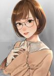  1girl bangs blush bob_cut brown_cardigan brown_eyes brown_hair cardigan earrings glasses hands_up highres jewelry lips lipstick long_sleeves looking_at_viewer makeup mole mole_under_eye nail_polish original parted_lips round_eyewear saitou_(lynx-shrike) shirt short_hair solo white_shirt 