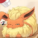  absurdres blush commentary_request flareon fluffy full_body hair_dryer heart highres kitsunerider musical_note no_humans one_eye_closed pokemon pokemon_(creature) spoken_heart spoken_musical_note 