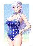  1girl azur_lane belfast_(azur_lane) blue_swimsuit blurry blurry_background braid breasts choker cleavage earrings french_braid hand_on_hip highres jewelry large_breasts long_hair looking_at_viewer one-piece_swimsuit polka_dot polka_dot_swimsuit purple_eyes simple_background smile solo standing swimsuit very_long_hair white_hair yurashima 