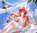  2girls absurdres arknights blue_sky breasts crossed_legs dress eyewear_on_head hammock highres holding holding_sword holding_weapon horns long_hair medium_breasts multiple_girls outdoors purple_eyes red_eyes red_hair shirt sitting skadi_(arknights) skadi_(waverider)_(arknights) sky sunglasses surtr_(arknights) surtr_(colorful_wonderland)_(arknights) sword thigh_strap very_long_hair weapon white_dress white_hair white_shirt yonghu_pei_yezi 