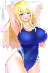  absurdres atago_(kancolle) blonde_hair blue_swimsuit breasts cleavage competition_swimsuit covered_navel cowboy_shot gradient gradient_background green_eyes hair_between_eyes heart highres huge_breasts impossible_clothes impossible_swimsuit kantai_collection karin1537 large_breasts long_hair looking_at_viewer one-piece_swimsuit open_mouth smile swimsuit undressing white_background 