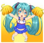  1girl 39 alternate_costume armpits bangs blue_eyes blue_hair blue_shirt blue_skirt blush cheerleader commentary_request flat_chest full_body gradient gradient_background hair_between_eyes hair_ornament hatsune_miku highres kitsunerider long_hair looking_at_viewer midriff miniskirt navel open_mouth orange_background pom_pom_(clothes) shirt shoes skirt sleeveless sleeveless_shirt socks solo twintails very_long_hair vocaloid white_footwear white_socks younger 