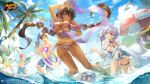  2boys 2girls :d :o ahoge artist_request bikini bird blue_eyes breasts brown_hair cloud coconut_tree commentary copyright_name dark-skinned_female dark_skin english_commentary fisheye green_eyes heterochromia holding holding_water_gun innertube kitami_sawako large_breasts lens_flare logo looking_at_viewer mahjong mahjong_soul male_swimwear multiple_boys multiple_girls official_art official_wallpaper outdoors palm_tree partially_submerged pink_hair qi_xi sara_(mahjong_soul) seagull shinomiya_natsuki_(mahjong_soul) smile standing swimsuit tenbou tree umbrella water_gun white_hair yellow_eyes 