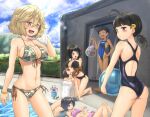  6+girls ahoge ass back bag ball bangs beachball bikini bikini_skirt black_bikini black_eyes black_hair black_sash blonde_hair blue_swimsuit blunt_bangs blush breast_envy breast_rest breasts breasts_on_head brown_eyes brown_hair camouflage camouflage_bikini character_request cleavage closed_mouth commentary_request dark-skinned_female dark_skin day eikiri_eimu feet_out_of_frame fence flat_chest full_body hair_between_eyes hair_bun hair_ornament halter_top halterneck hand_on_hip heart highres holding holding_bag ido_romeko junk_gaming_maiden kitsunerider kneeling large_breasts lens_flare looking_at_another looking_at_viewer looking_to_the_side marumi_(junk_gaming_maiden) medium_breasts mole mole_under_eye multiple_girls navel one-piece_swimsuit open_mouth outdoors pink_bikini pool ryou-san_(junk_gaming_maiden) sash school_swimsuit short_hair small_breasts smile standing swimsuit tommy_(junk_gaming_maiden) very_short_hair water white_swimsuit 