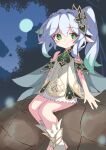  1girl absurdres bare_shoulders blush closed_mouth cloud commentary_request cross-shaped_pupils dress full_moon genshin_impact green_eyes green_hair grey_hair highres ichi_(ichi.colors) long_hair looking_at_viewer moon nahida_(genshin_impact) night night_sky no_shoes outdoors pointy_ears side_ponytail sidelocks sitting sky sleeveless sleeveless_dress smile socks solo stirrup_legwear toeless_legwear white_dress white_socks 